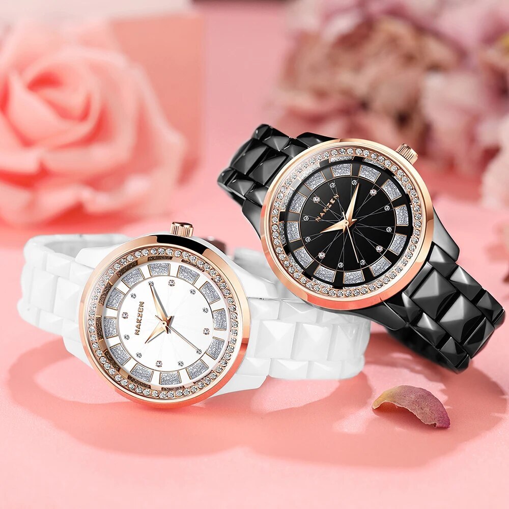 NAKZEN Design Quartz Ladies Watch High Quality Ceramic Bracelet White Watches Luxury Diamond Clock Gifts for Women Relojes De Mu 1025