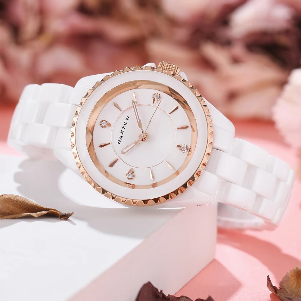 NAKZEN Ladies Ceramic Quartz Watch Women New Fashion Analog Waterproof Diamond Wristwatches For Gifts Clock Relojes Mujer 1012