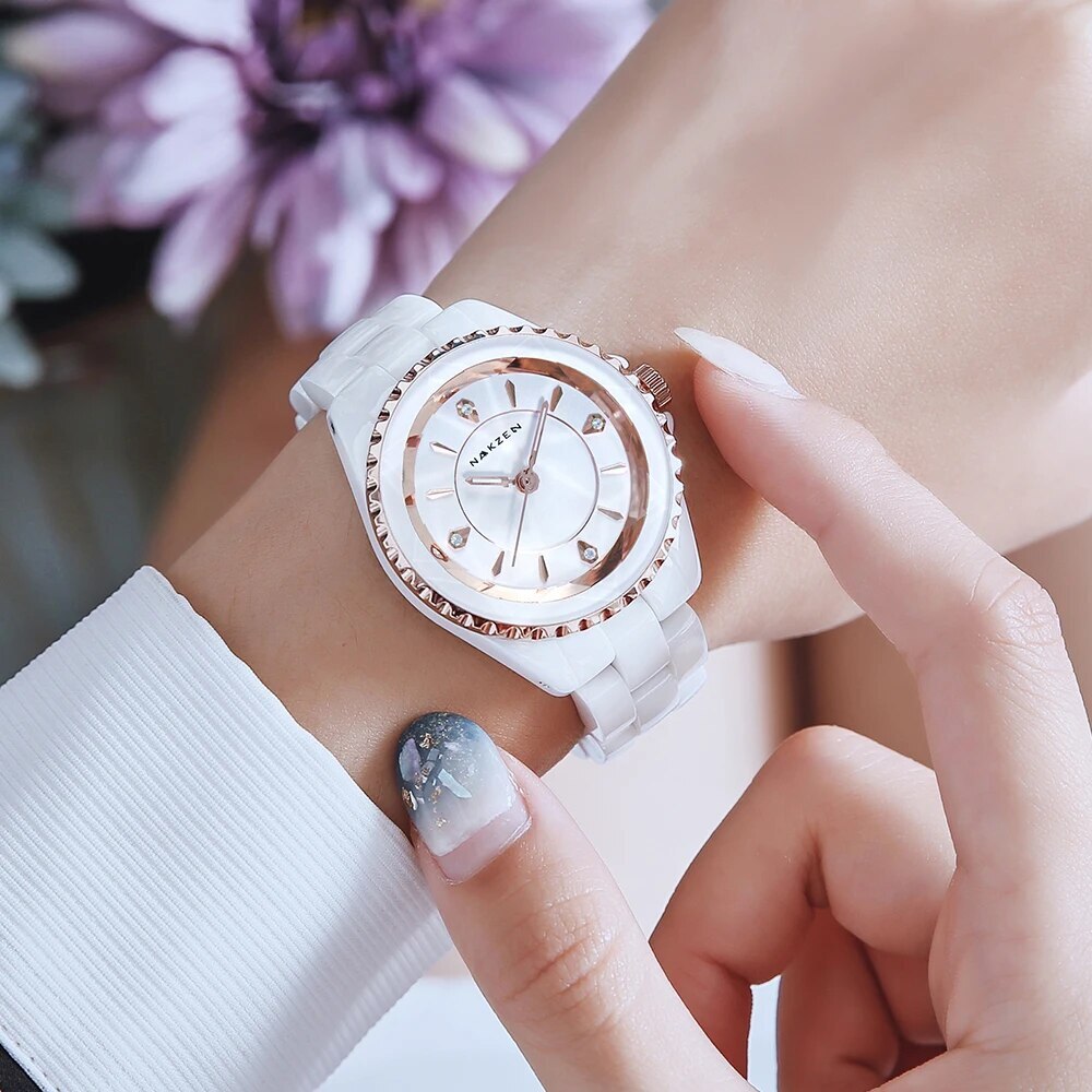 NAKZEN Ladies Ceramic Quartz Watch Women New Fashion Analog Waterproof Diamond Wristwatches For Gifts Clock Relojes Mujer 1012