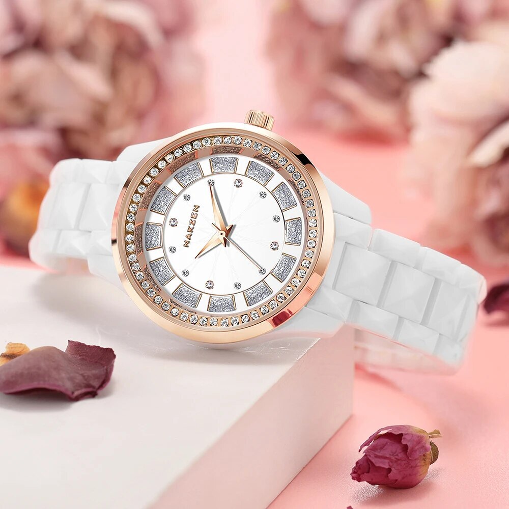 NAKZEN Design Quartz Ladies Watch High Quality Ceramic Bracelet White Watches Luxury Diamond Clock Gifts for Women Relojes De Mu 1025