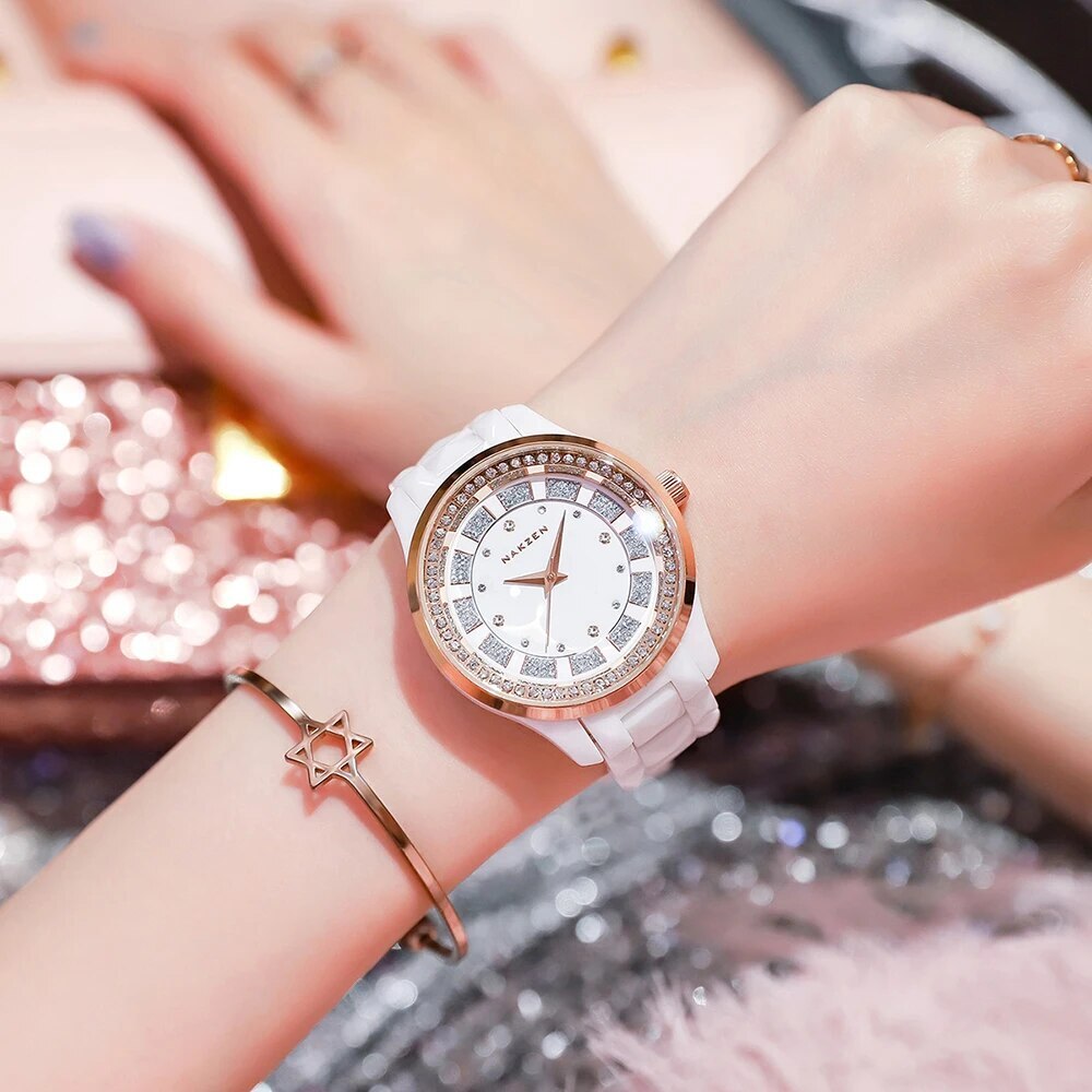 NAKZEN Design Quartz Ladies Watch High Quality Ceramic Bracelet White Watches Luxury Diamond Clock Gifts for Women Relojes De Mu 1025