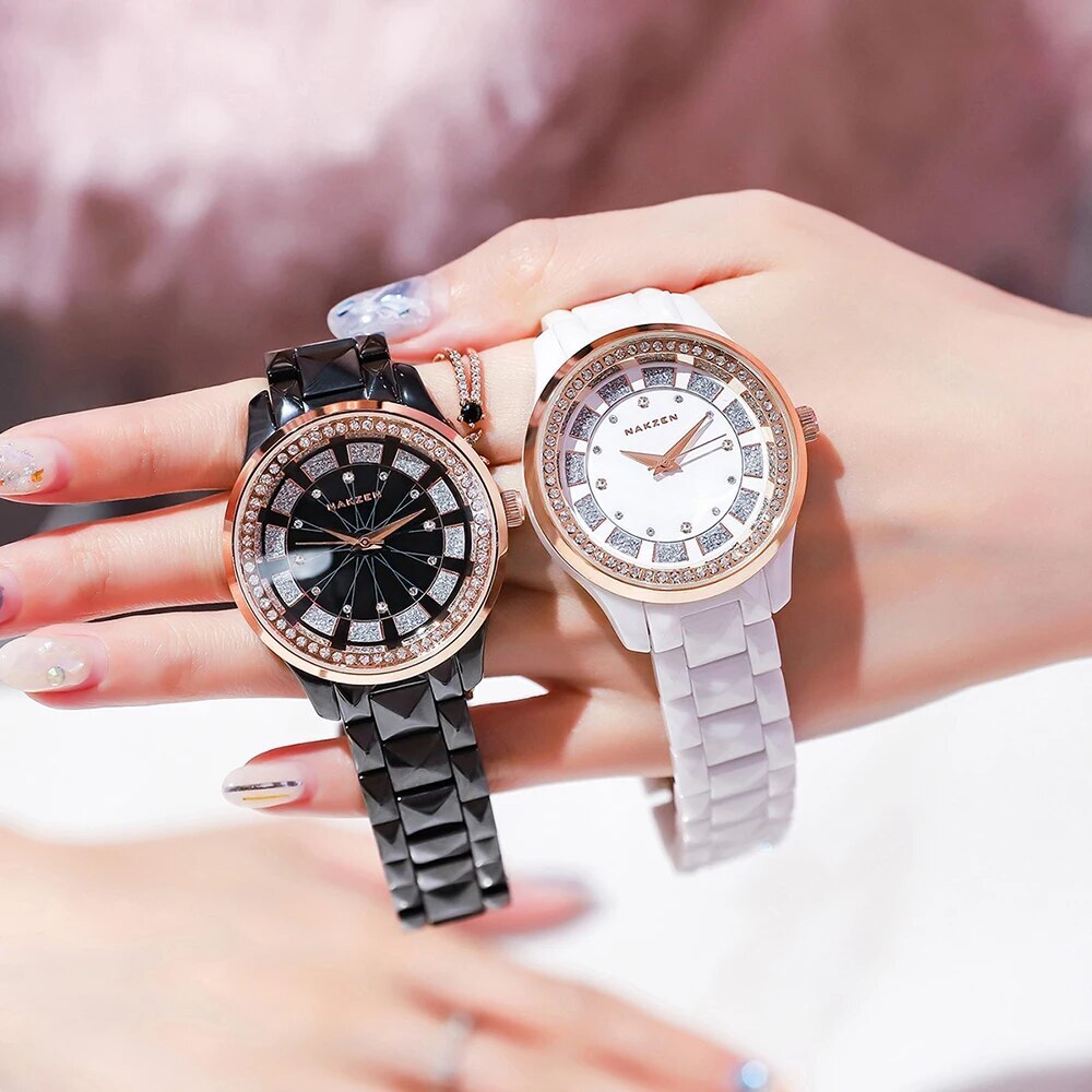 NAKZEN Design Quartz Ladies Watch High Quality Ceramic Bracelet White Watches Luxury Diamond Clock Gifts for Women Relojes De Mu 1025