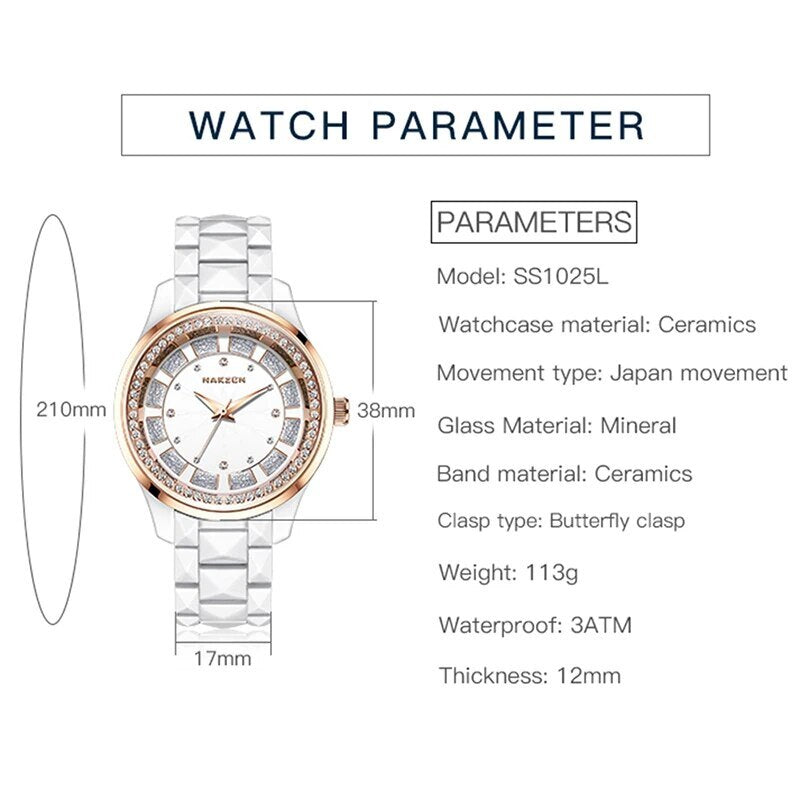 NAKZEN Design Quartz Ladies Watch High Quality Ceramic Bracelet White Watches Luxury Diamond Clock Gifts for Women Relojes De Mu 1025