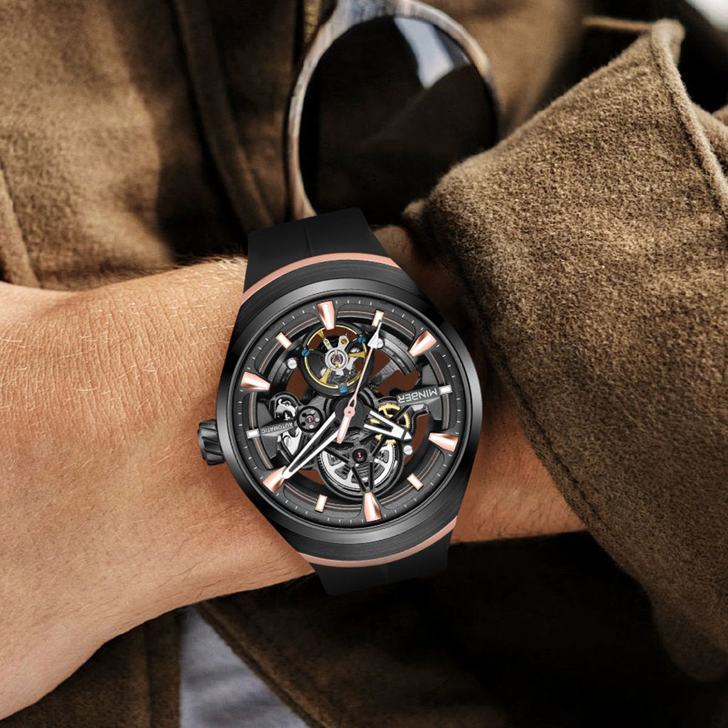 MINBER Skeleton Dial Mechanical Watches for Men Luxury Automatic Movement Sports Wristwatches Waterproof Reloj Hombre 6004G-3