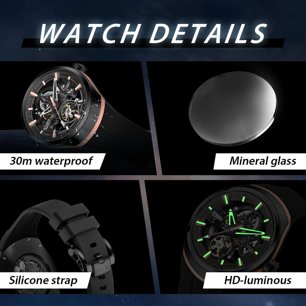 MINBER Skeleton Dial Mechanical Watches for Men Luxury Automatic Movement Sports Wristwatches Waterproof Reloj Hombre 6004G-3