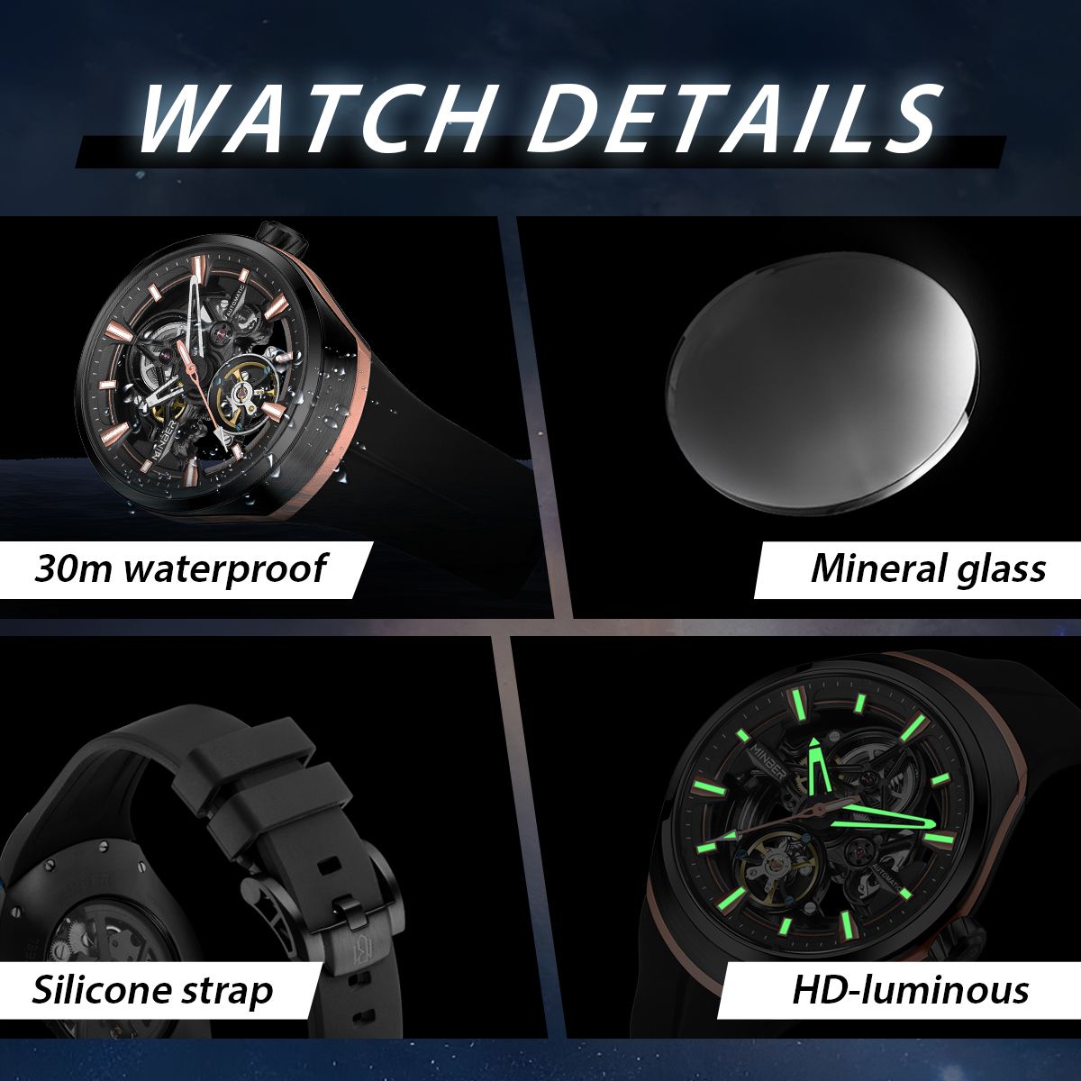 MINBER Skeleton Dial Mechanical Watches for Men Luxury Automatic Movement Sports Wristwatches Waterproof Reloj Hombre 6004G-3