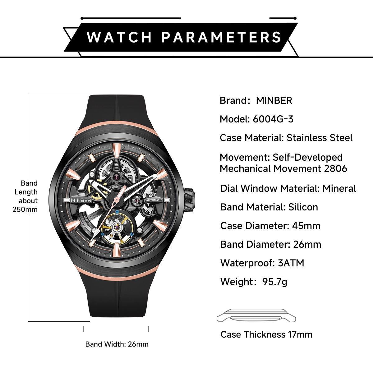 MINBER Skeleton Dial Mechanical Watches for Men Luxury Automatic Movement Sports Wristwatches Waterproof Reloj Hombre 6004G-3