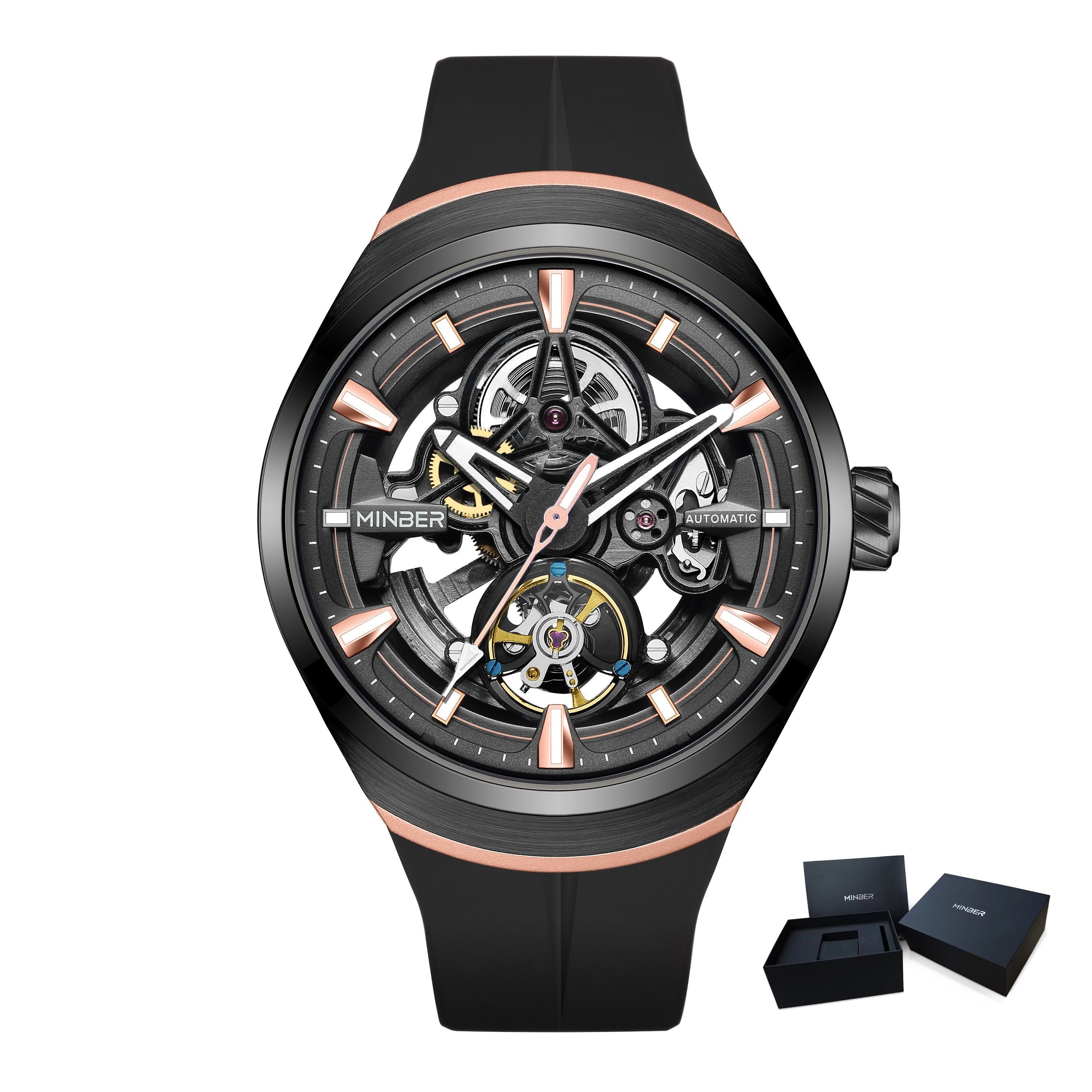 MINBER Skeleton Dial Mechanical Watches for Men Luxury Automatic Movement Sports Wristwatches Waterproof Reloj Hombre 6004G-3