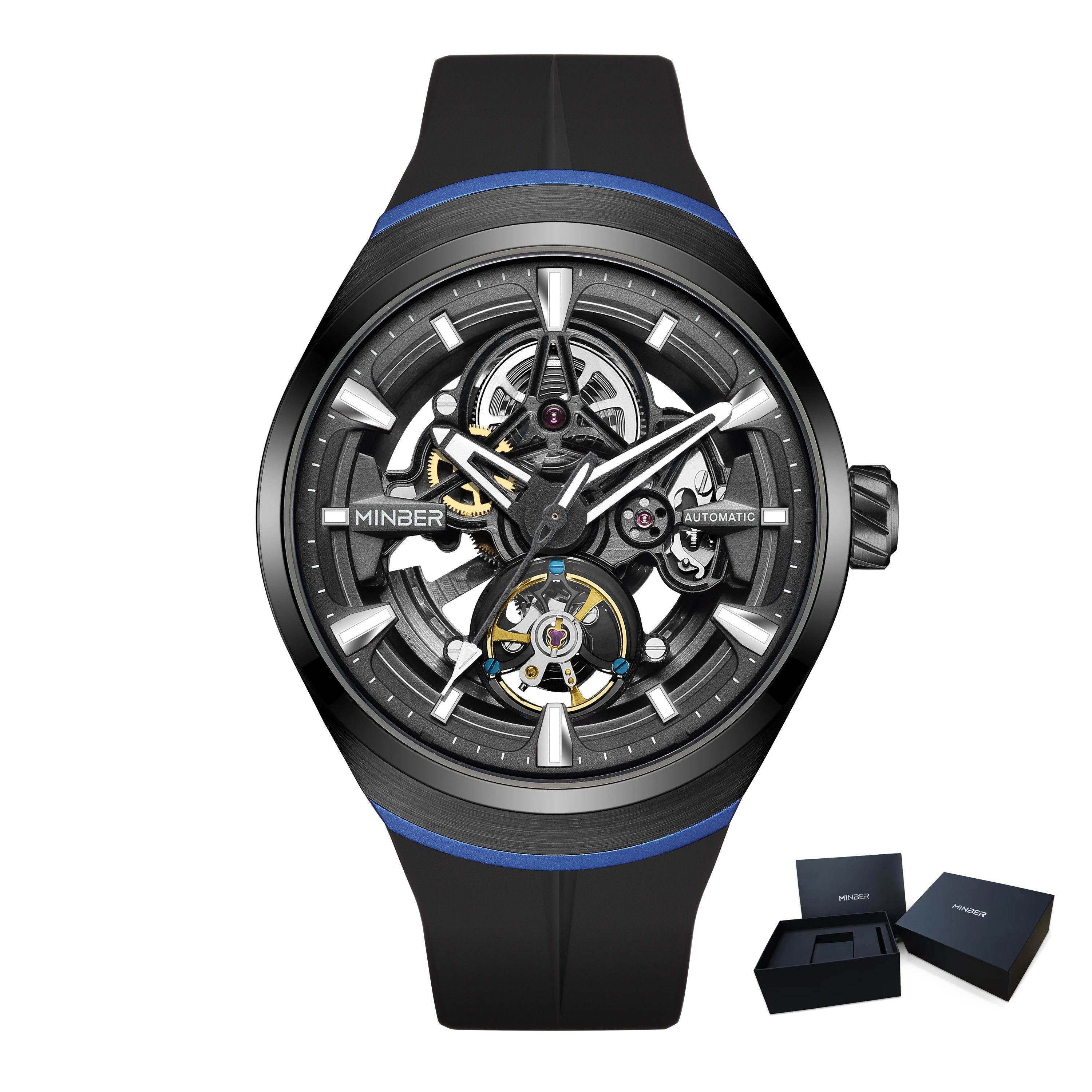 MINBER Skeleton Dial Mechanical Watches for Men Luxury Automatic Movement Sports Wristwatches Waterproof Reloj Hombre 6004G-3