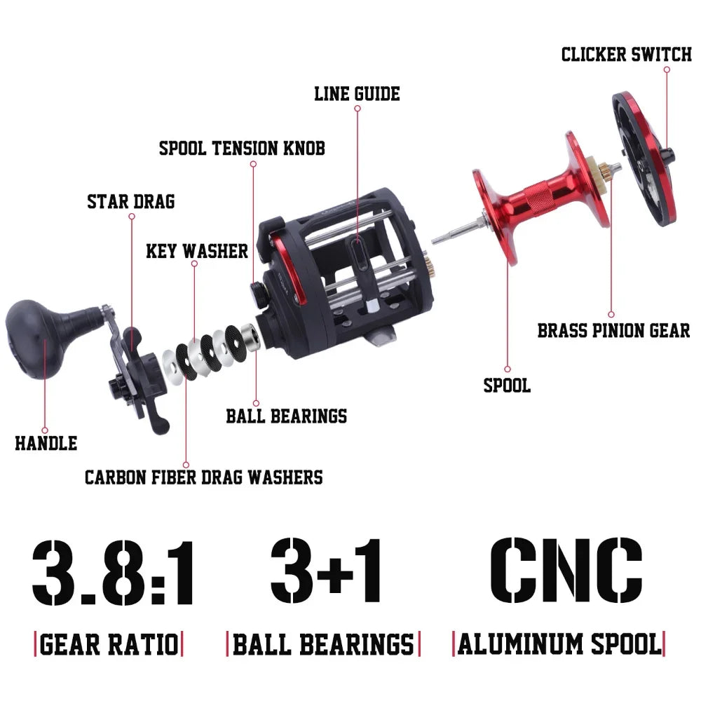 Rolling Drum Fishing Reel 28kg Max Drag – Right Hand Red